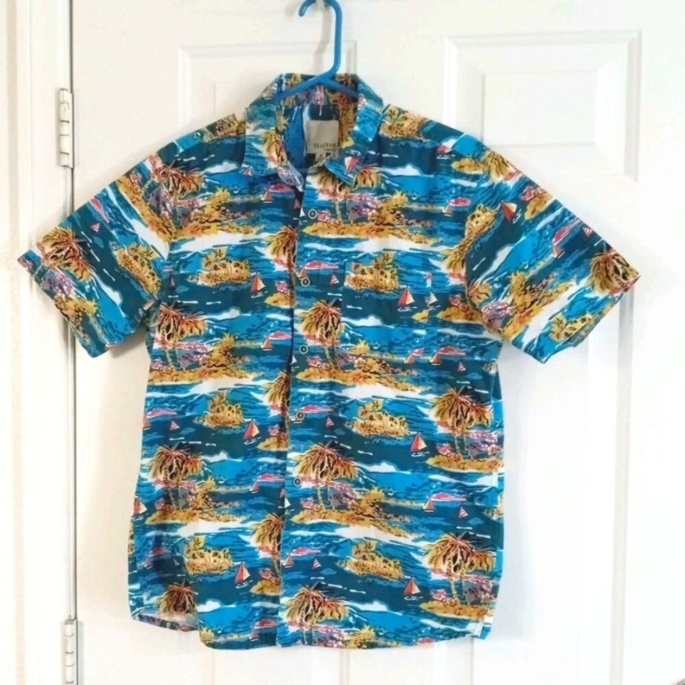 Visitor Premium Button Up Hawaiian Shirt Blue 100% Cotton Men's Size Medium